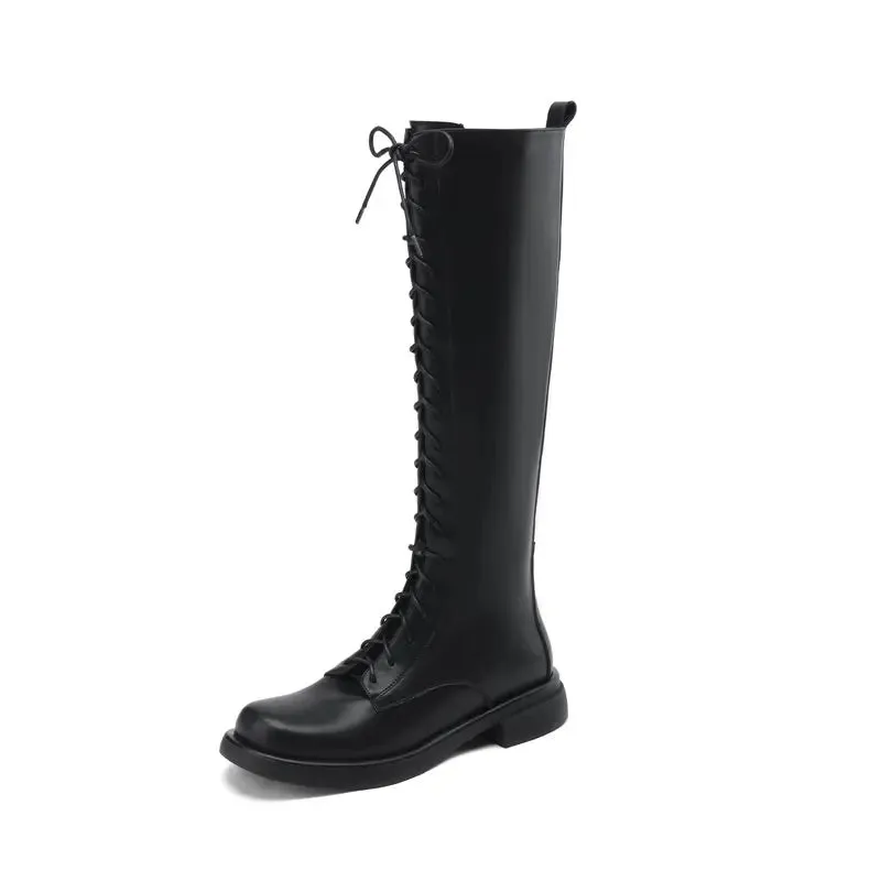 Square Toebox Knee High Riding Leather Lace Up Boots - Black with Black Sole