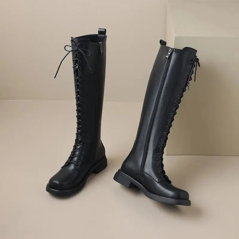 Square Toebox Knee High Riding Leather Lace Up Boots - Black with Black Sole