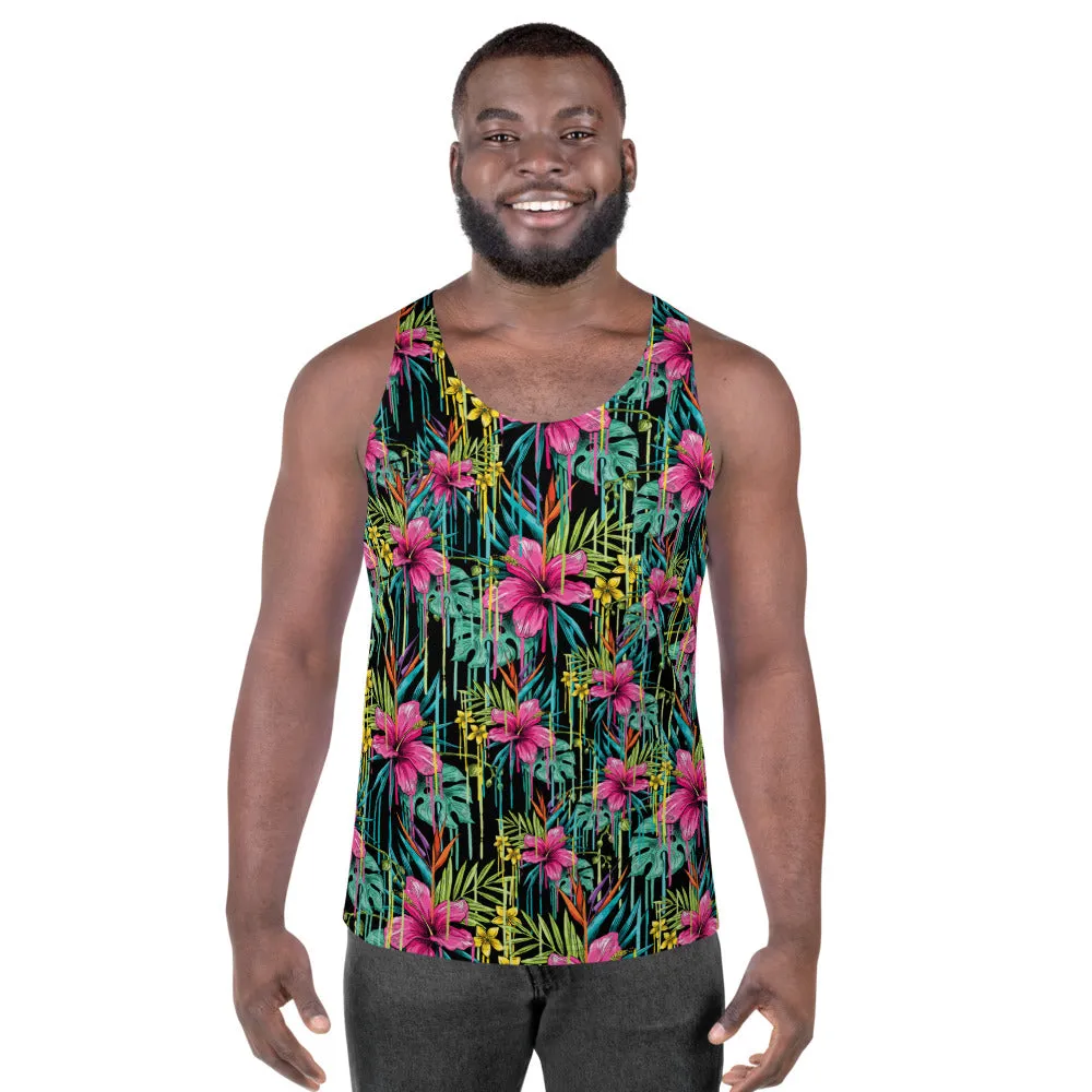 Tropical Floral Unisex Tank Top, Pink Flower Print Best Men's Tank Top-Made in USA/EU