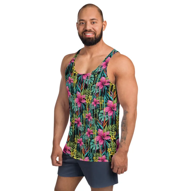 Tropical Floral Unisex Tank Top, Pink Flower Print Best Men's Tank Top-Made in USA/EU