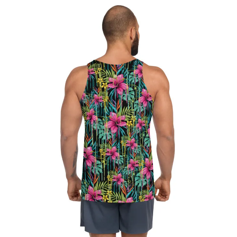 Tropical Floral Unisex Tank Top, Pink Flower Print Best Men's Tank Top-Made in USA/EU