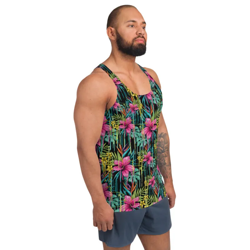 Tropical Floral Unisex Tank Top, Pink Flower Print Best Men's Tank Top-Made in USA/EU