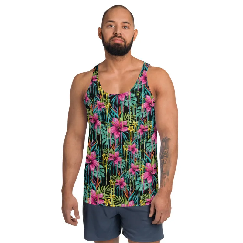 Tropical Floral Unisex Tank Top, Pink Flower Print Best Men's Tank Top-Made in USA/EU