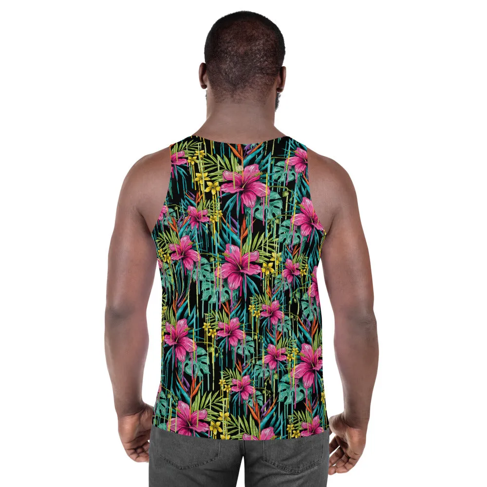 Tropical Floral Unisex Tank Top, Pink Flower Print Best Men's Tank Top-Made in USA/EU