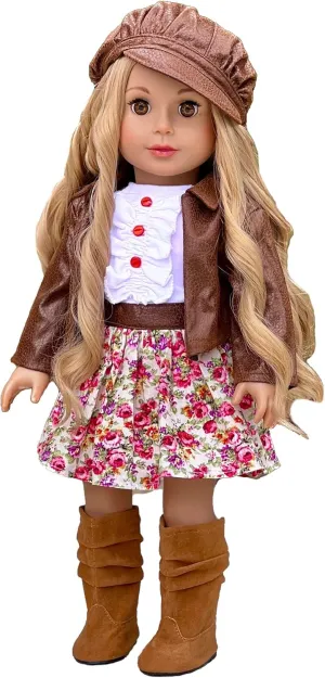 Urban Explorer - Clothes for 18 inch Doll - Brown Motorcycle Jacket, Paperboy Hat, Dress and Boots