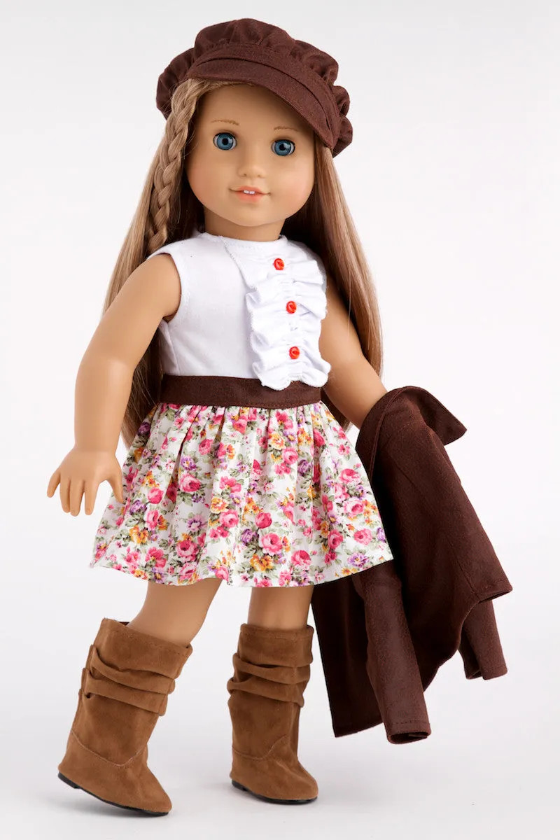 Urban Explorer - Clothes for 18 inch Doll - Brown Motorcycle Jacket, Paperboy Hat, Dress and Boots