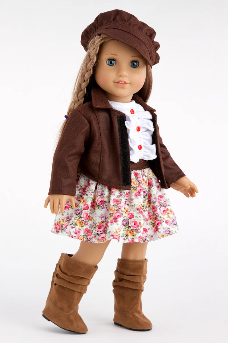 Urban Explorer - Clothes for 18 inch Doll - Brown Motorcycle Jacket, Paperboy Hat, Dress and Boots