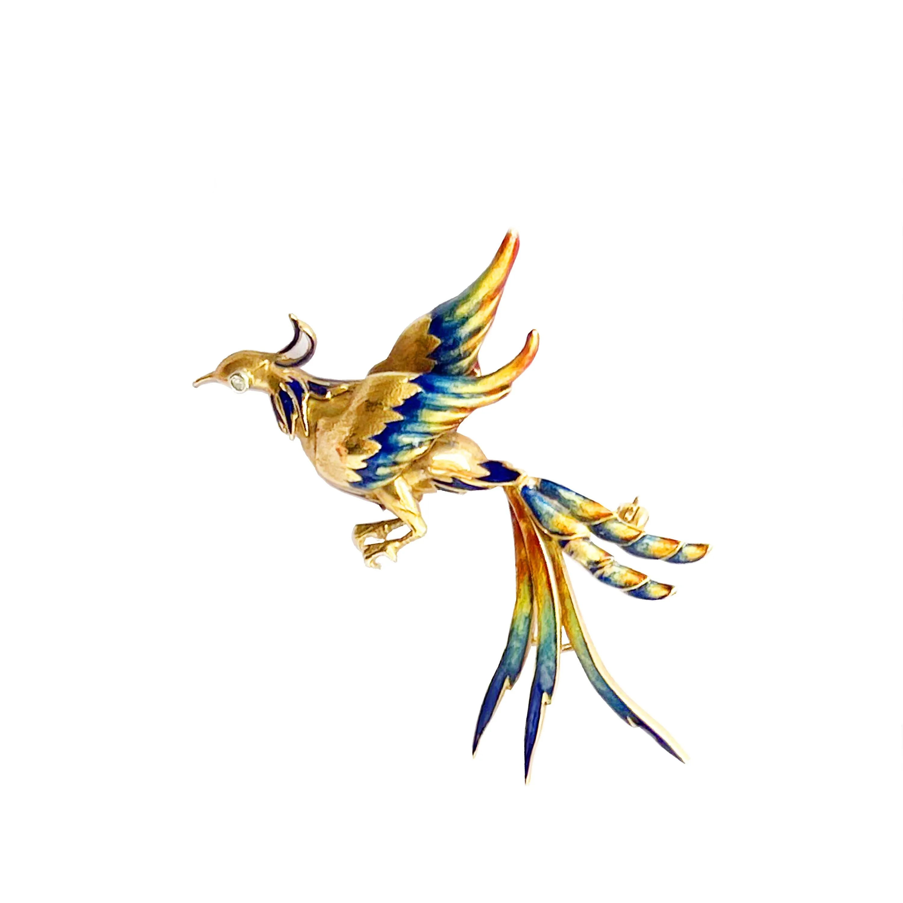 Vintage "Bird of Paradise" brooch in 18 Kt gold and polychrome enamels (50s-60s)