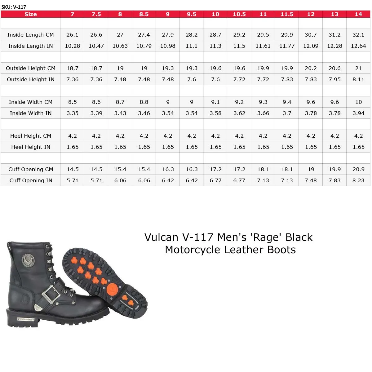 Vulcan V117 Men's Rage Black LaceUp Motorcycle Riding Leather Boots