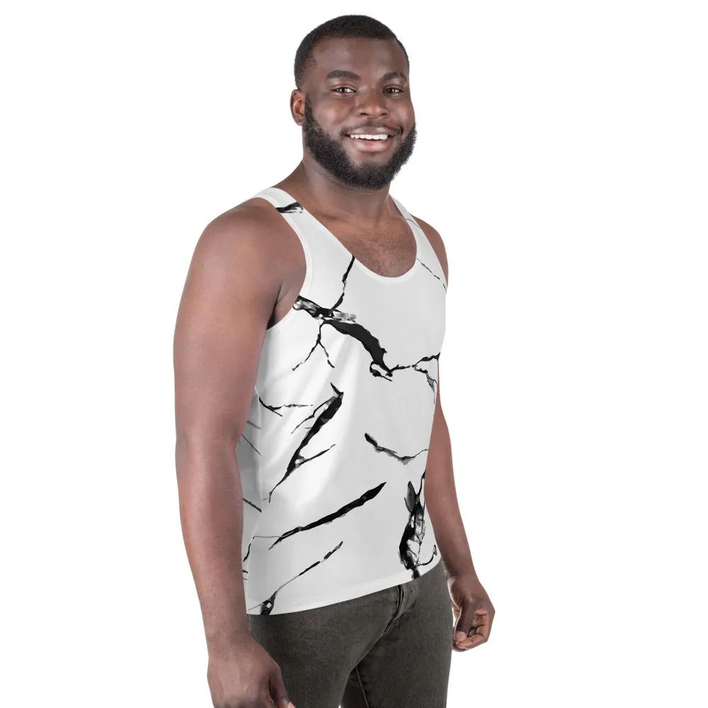 White Marble Unisex Tank Top, Modern Abstract Marbled Print Men's Top-Made in USA/EU