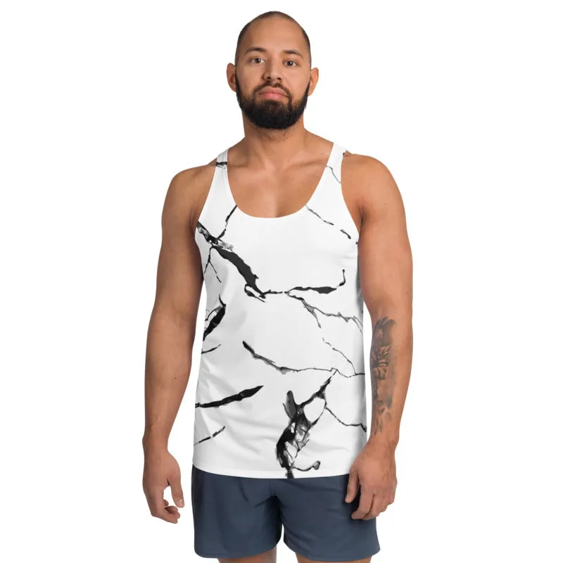 White Marble Unisex Tank Top, Modern Abstract Marbled Print Men's Top-Made in USA/EU