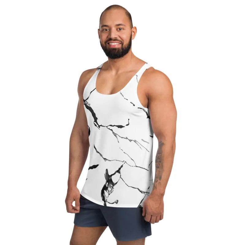 White Marble Unisex Tank Top, Modern Abstract Marbled Print Men's Top-Made in USA/EU