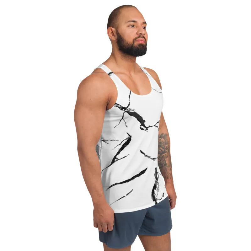 White Marble Unisex Tank Top, Modern Abstract Marbled Print Men's Top-Made in USA/EU