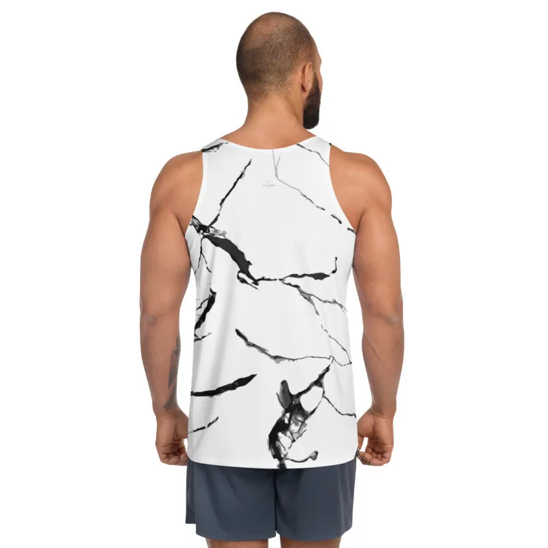 White Marble Unisex Tank Top, Modern Abstract Marbled Print Men's Top-Made in USA/EU