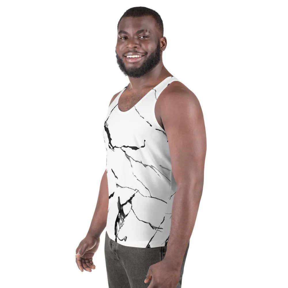 White Marble Unisex Tank Top, Modern Abstract Marbled Print Men's Top-Made in USA/EU