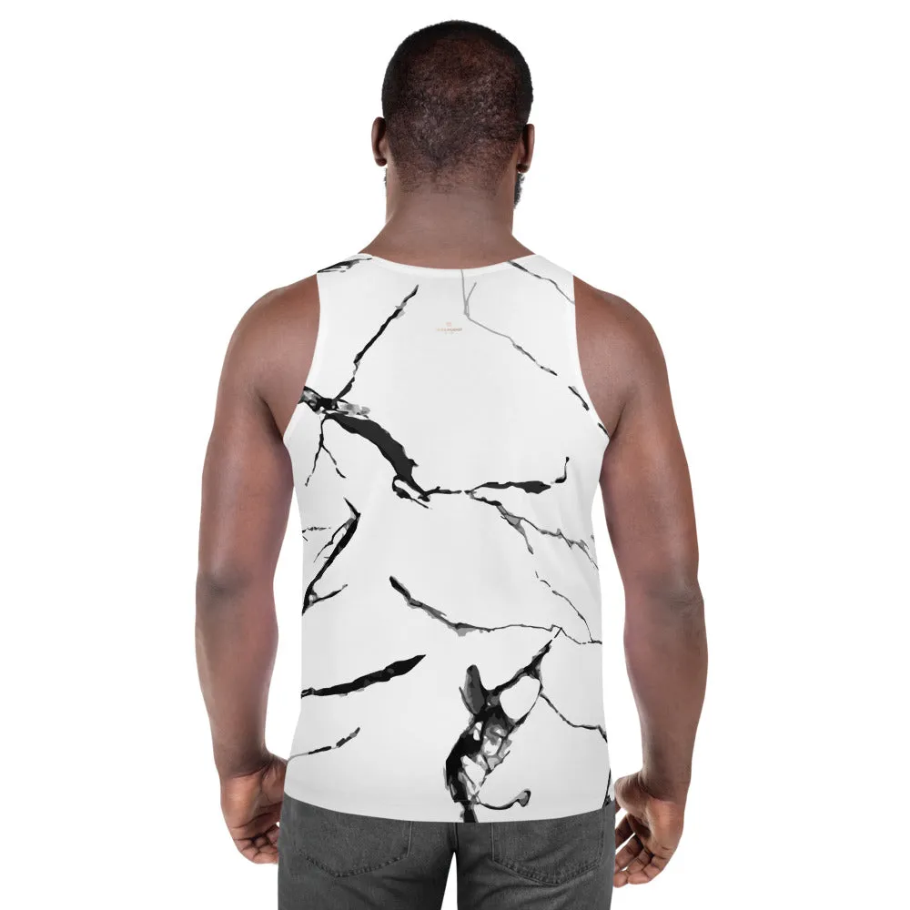 White Marble Unisex Tank Top, Modern Abstract Marbled Print Men's Top-Made in USA/EU