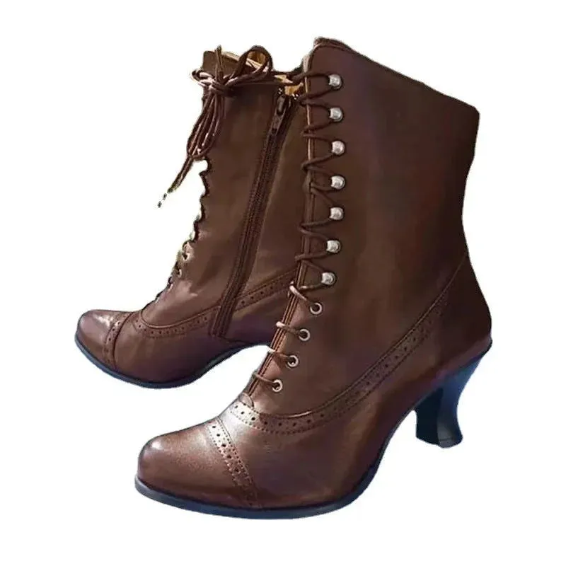 Winter Lace Up Pointed Toe Thick Soled High Heel Leather Motorcycle Boots