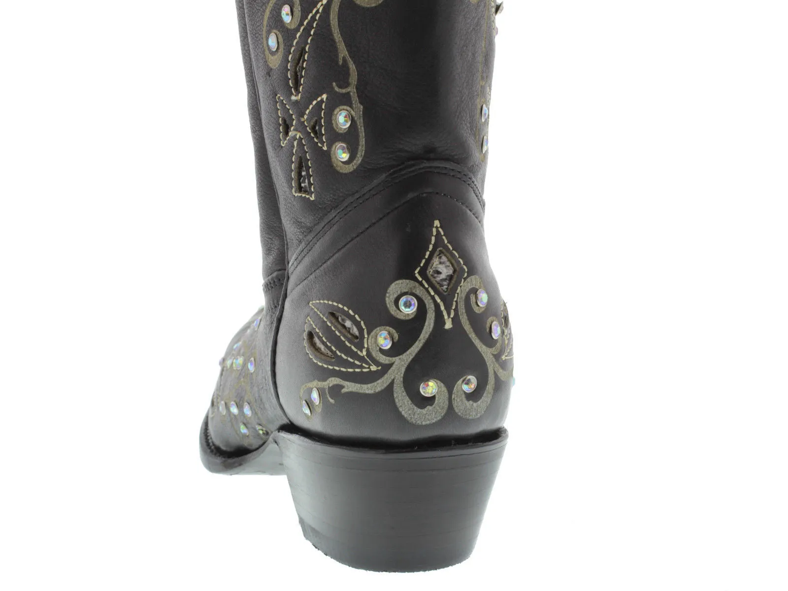 Womens 720 Black Leather Cowboy Boots Rhinestones - Snip Toe