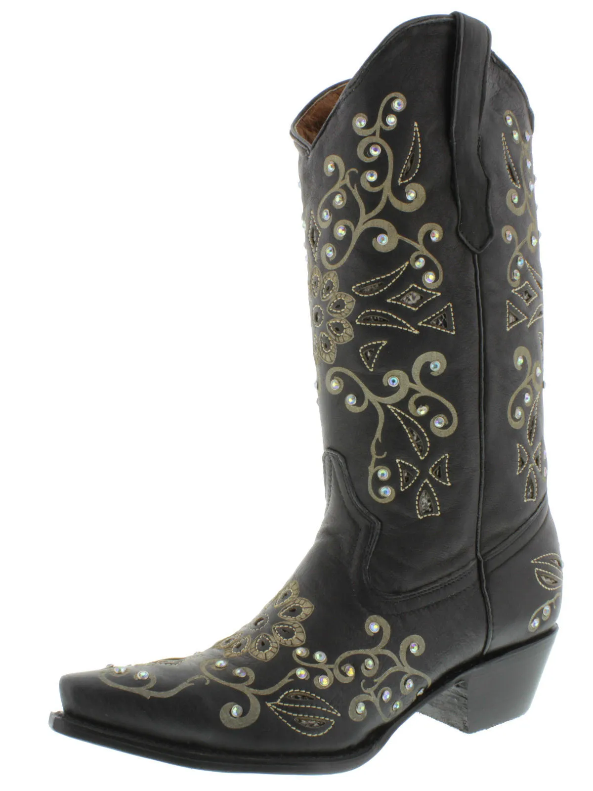 Womens 720 Black Leather Cowboy Boots Rhinestones - Snip Toe