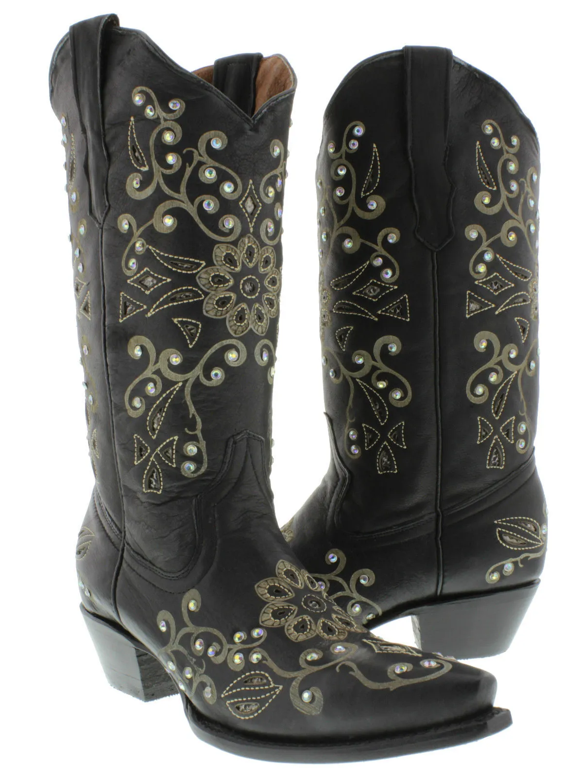 Womens 720 Black Leather Cowboy Boots Rhinestones - Snip Toe