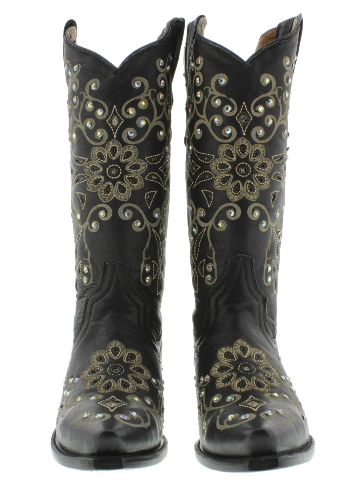 Womens 720 Black Leather Cowboy Boots Rhinestones - Snip Toe