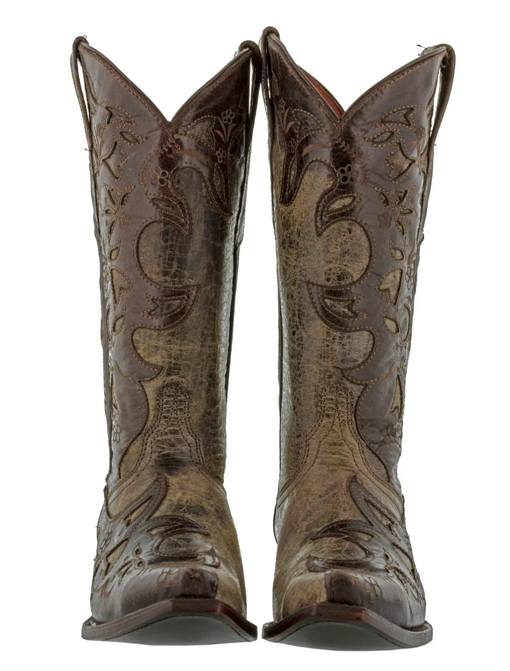 Womens 830 Brown Overlay Leather Cowboy Boots Snip Toe