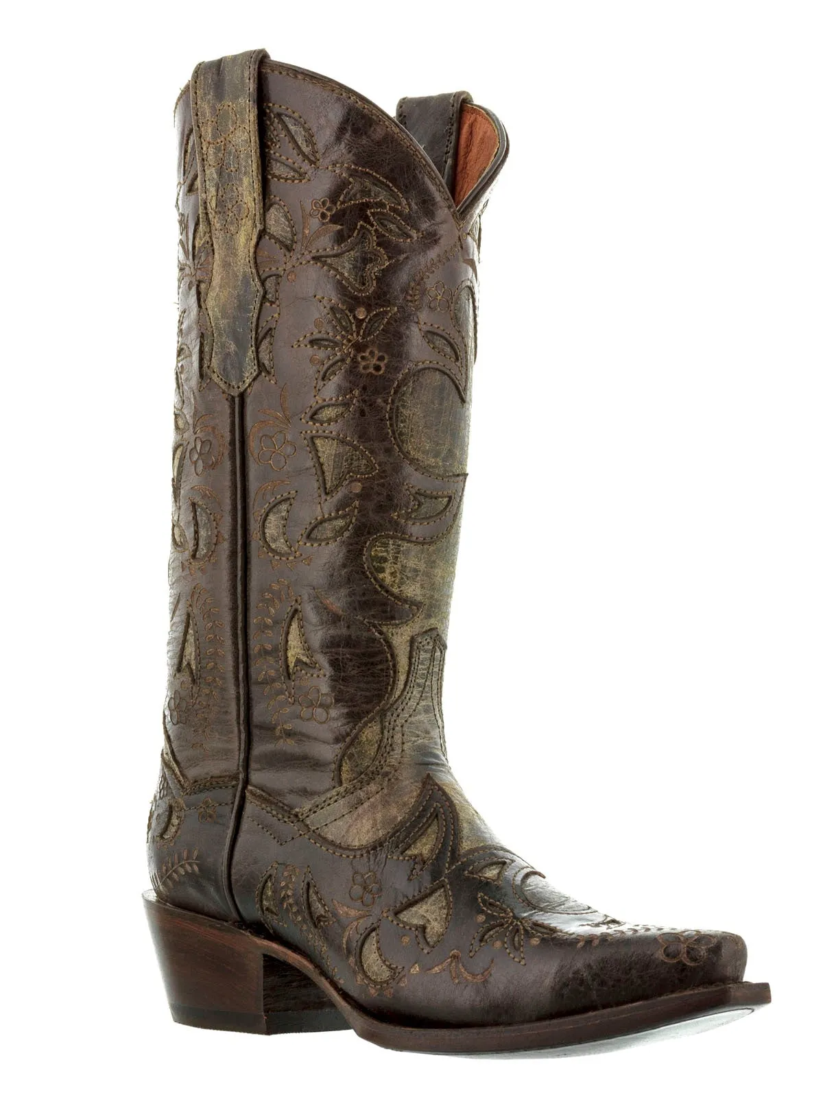 Womens 830 Brown Overlay Leather Cowboy Boots Snip Toe