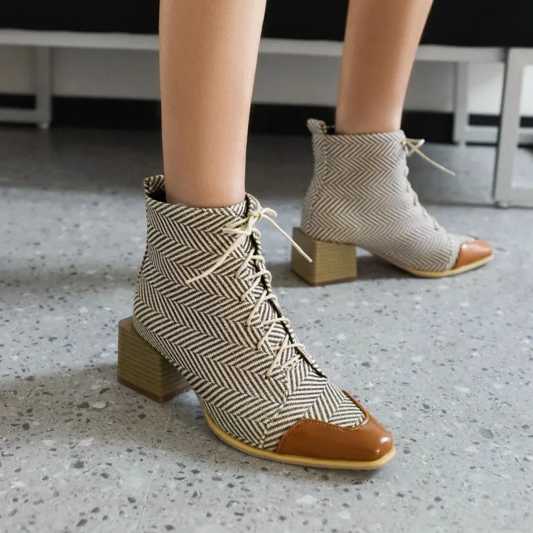 Women's Bicolor Lace Up Block Low Heel Short Boots