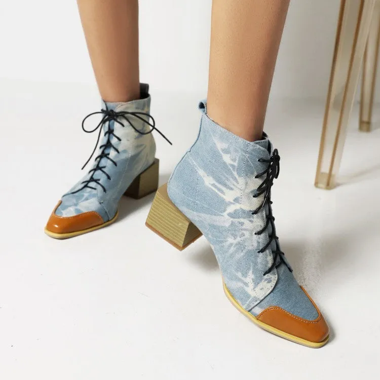 Women's Bicolor Lace Up Block Low Heel Short Boots