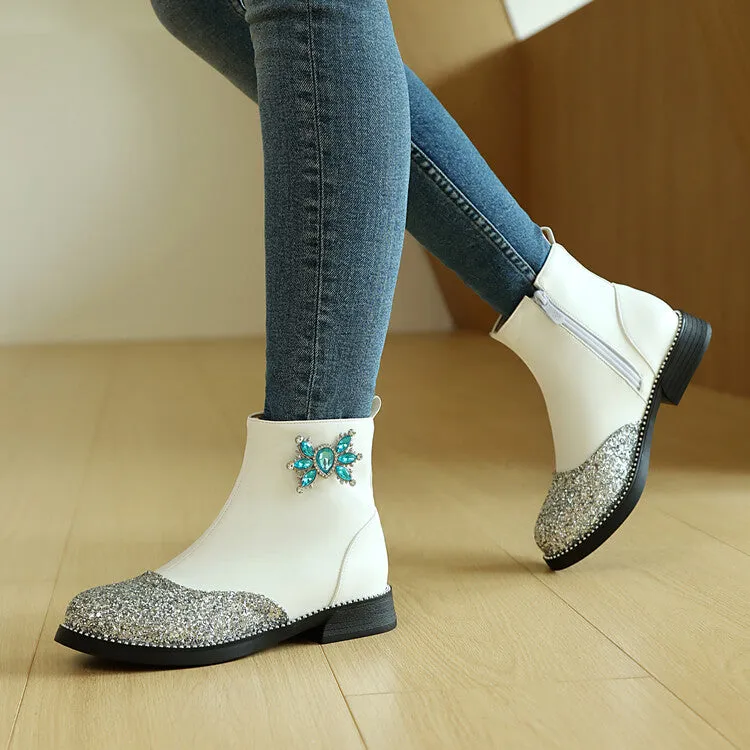 Women's Bling Artificial Rhinestone Low Heel Platform Short Boots