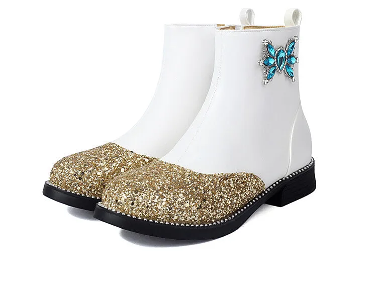 Women's Bling Artificial Rhinestone Low Heel Platform Short Boots