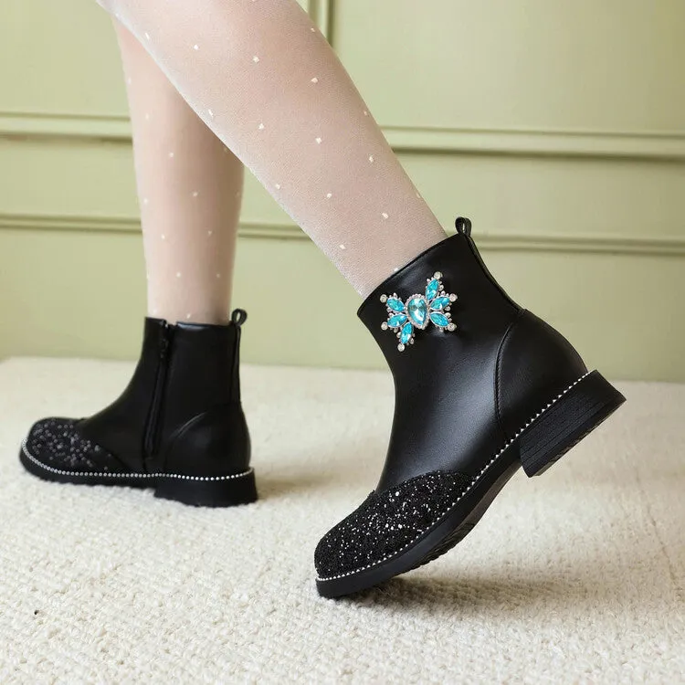 Women's Bling Artificial Rhinestone Low Heel Platform Short Boots