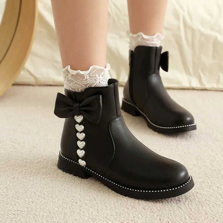 Women's Bows Artificial Pearl Heart Dec Flat Ankle Boots