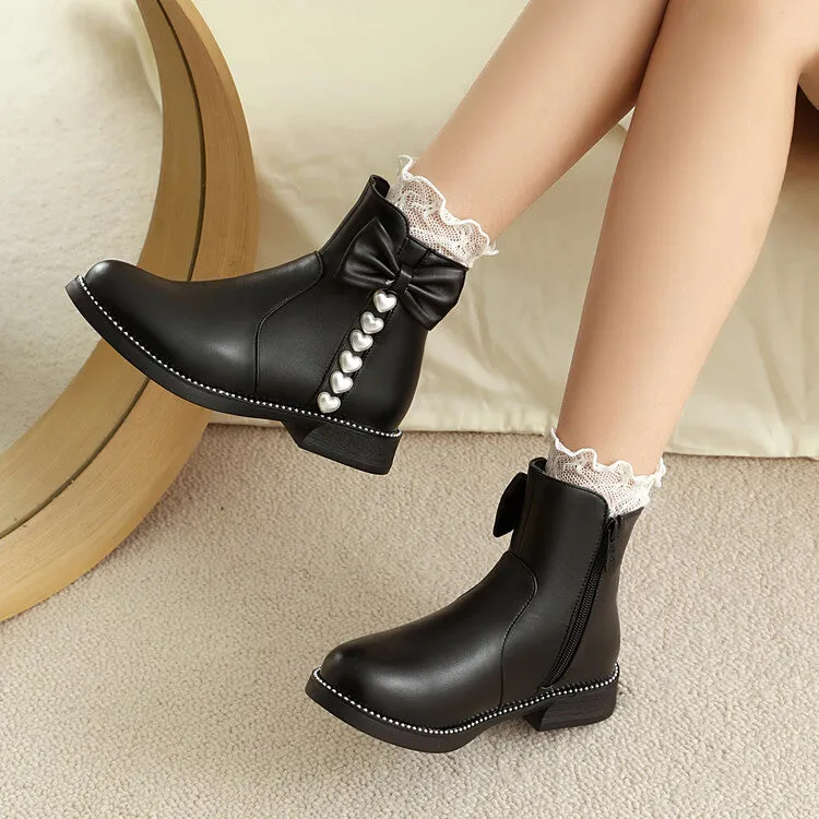 Women's Bows Artificial Pearl Heart Dec Flat Ankle Boots