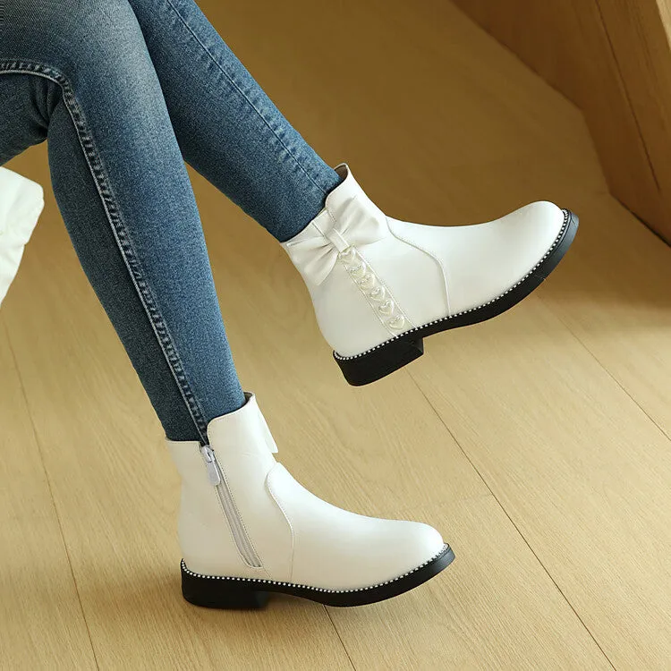 Women's Bows Artificial Pearl Heart Dec Flat Ankle Boots