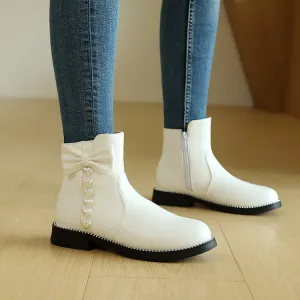 Women's Bows Artificial Pearl Heart Dec Flat Ankle Boots