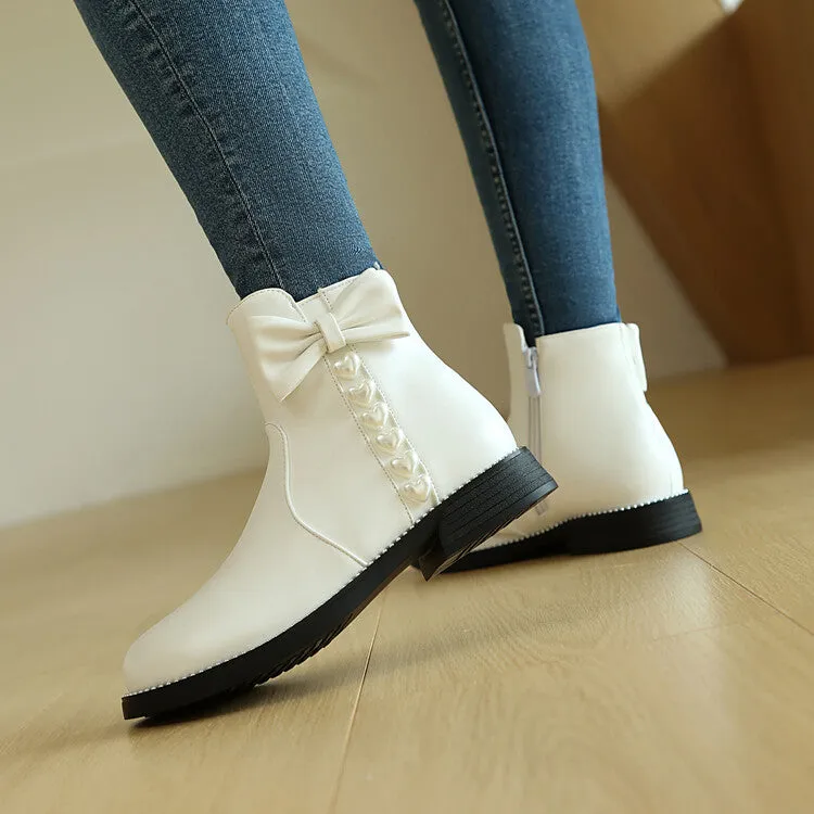 Women's Bows Artificial Pearl Heart Dec Flat Ankle Boots