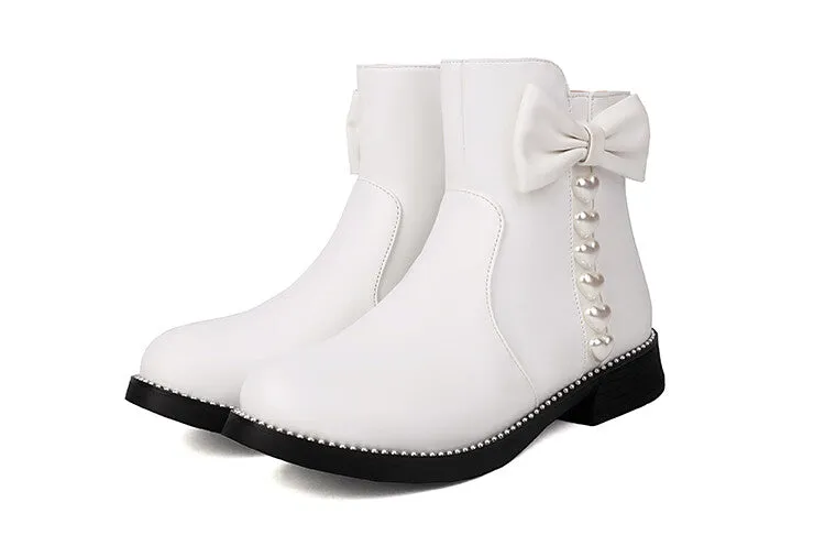 Women's Bows Artificial Pearl Heart Dec Flat Ankle Boots