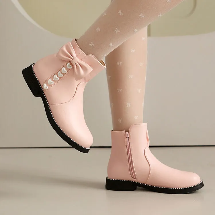 Women's Bows Artificial Pearl Heart Dec Flat Ankle Boots