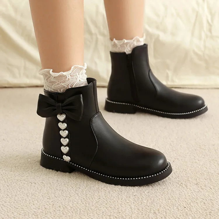 Women's Bows Artificial Pearl Heart Dec Flat Ankle Boots