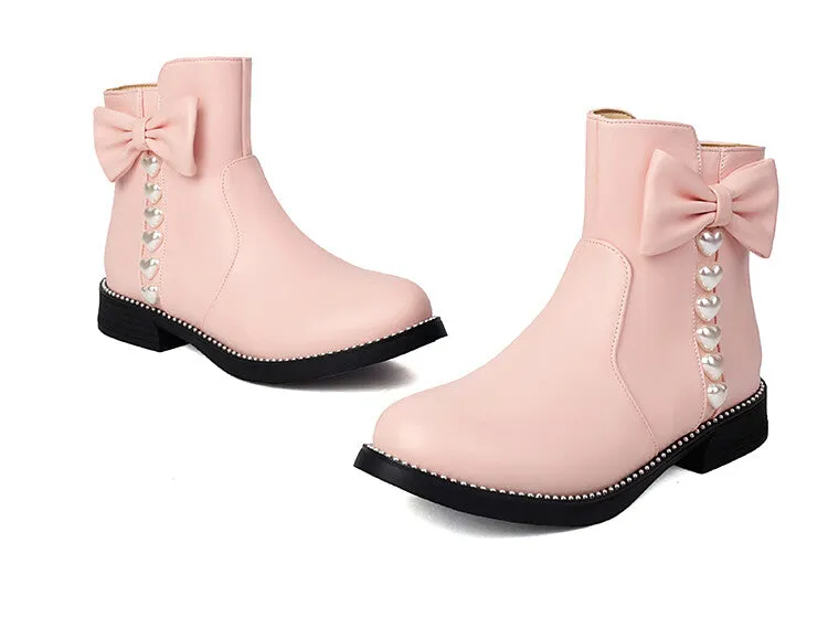 Women's Bows Artificial Pearl Heart Dec Flat Ankle Boots