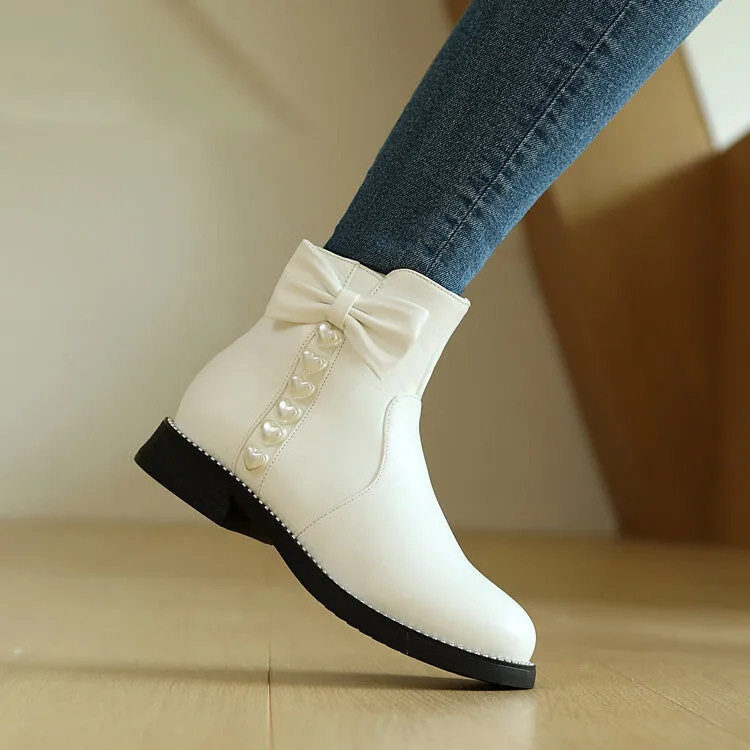 Women's Bows Artificial Pearl Heart Dec Flat Ankle Boots