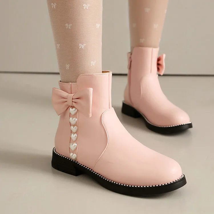 Women's Bows Artificial Pearl Heart Dec Flat Ankle Boots