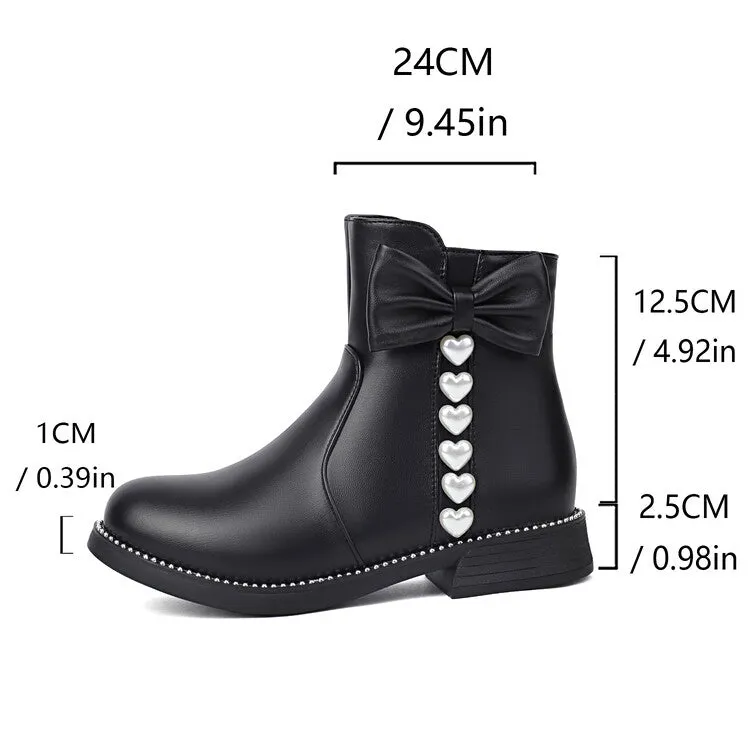 Women's Bows Artificial Pearl Heart Dec Flat Ankle Boots