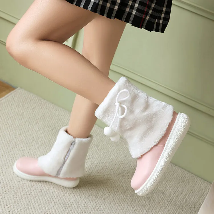 Women's Bows Ball Round Toe Flat Platform Short Boots