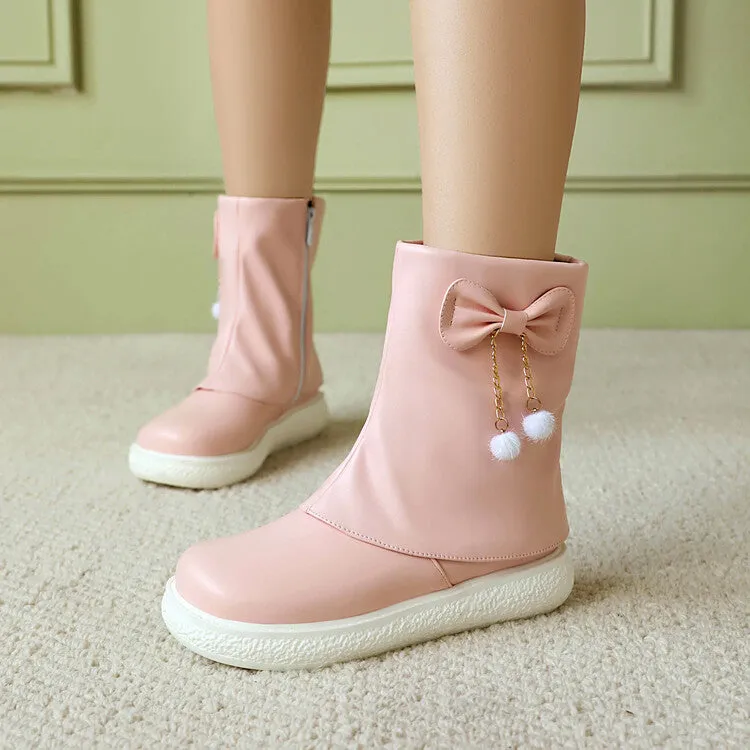 Women's Bows Round Toe Flat Platform Short Boots