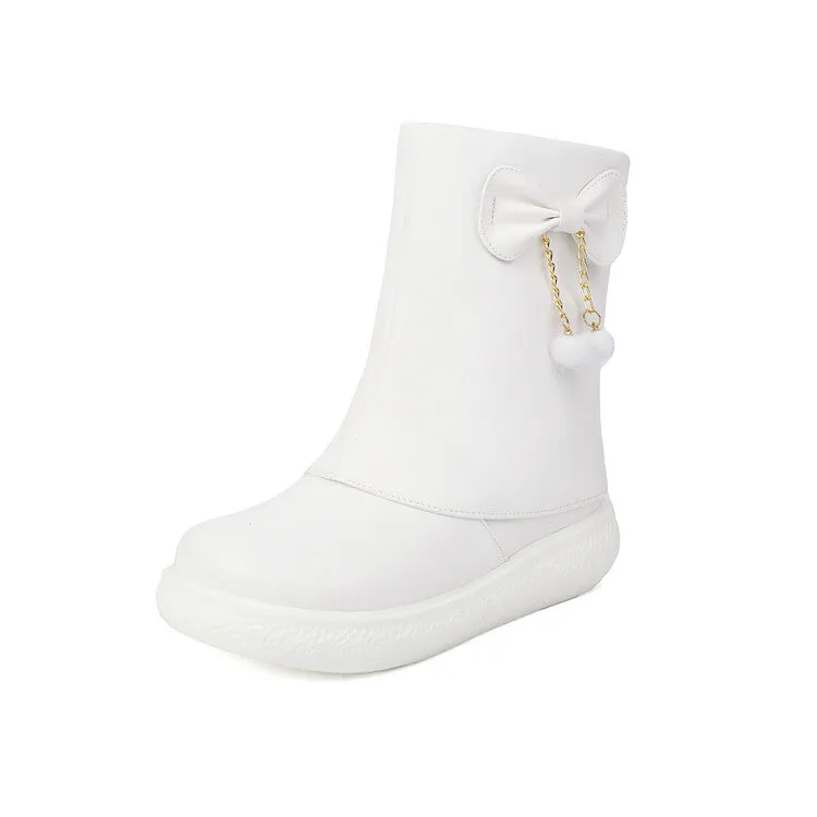 Women's Bows Round Toe Flat Platform Short Boots