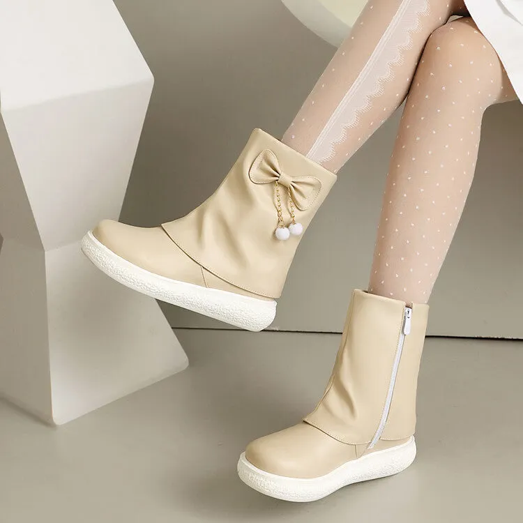 Women's Bows Round Toe Flat Platform Short Boots