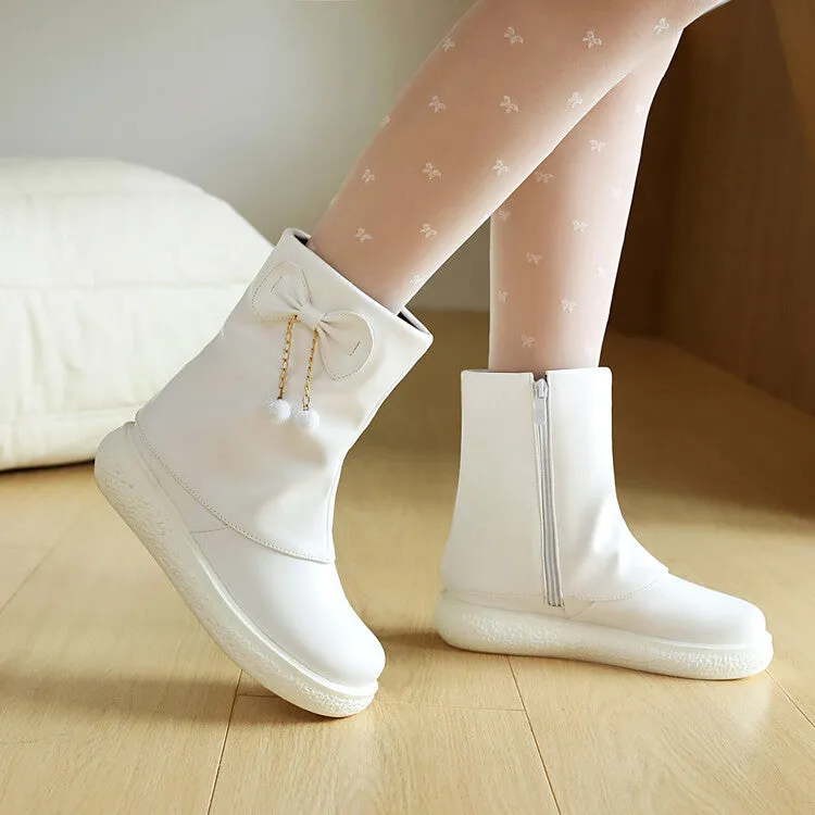 Women's Bows Round Toe Flat Platform Short Boots