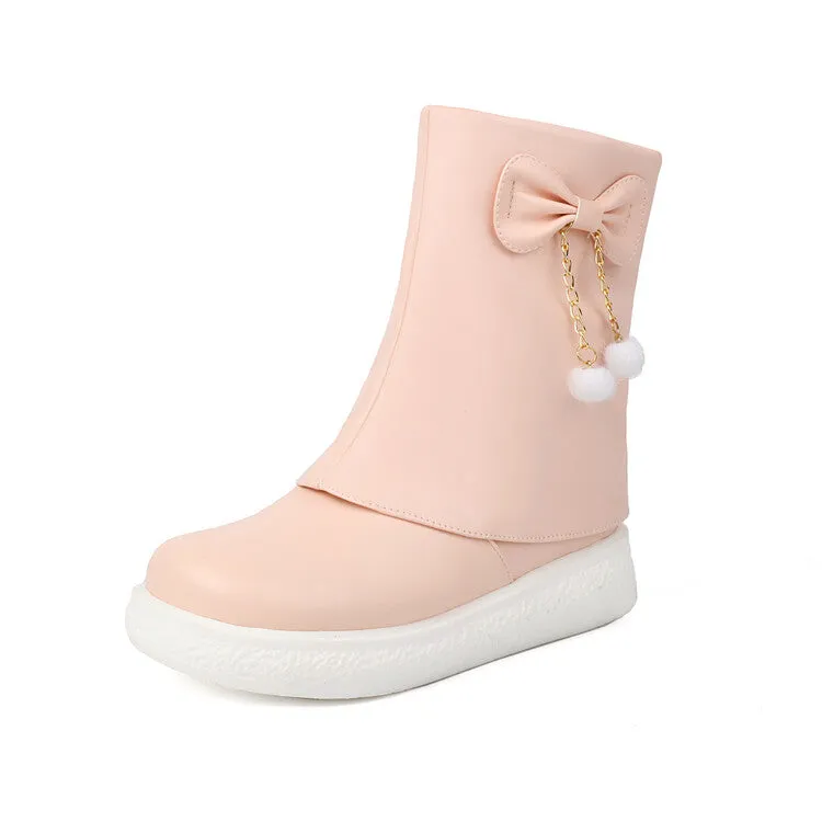 Women's Bows Round Toe Flat Platform Short Boots